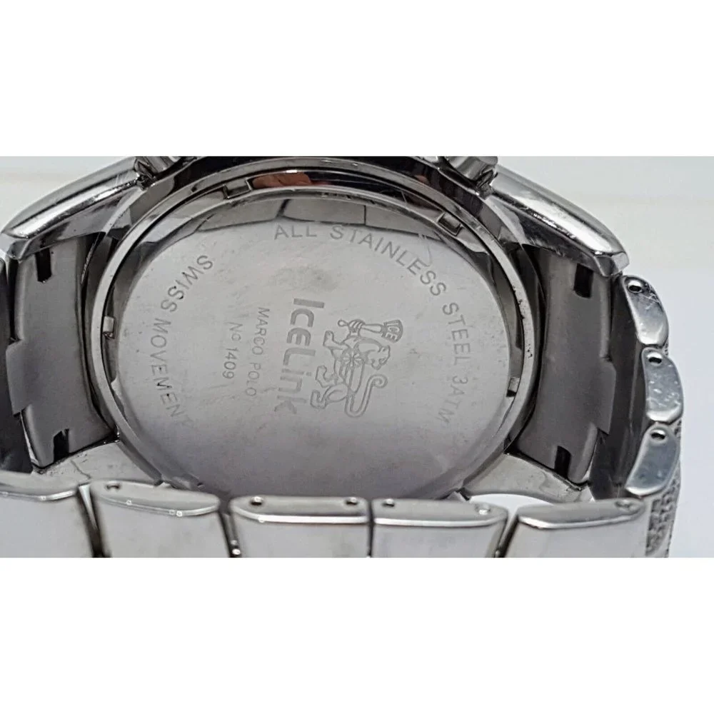 IceLink Marco Polo No. 1409 Black and Steel Watch w/Diamond Bezel and Strap 50mm